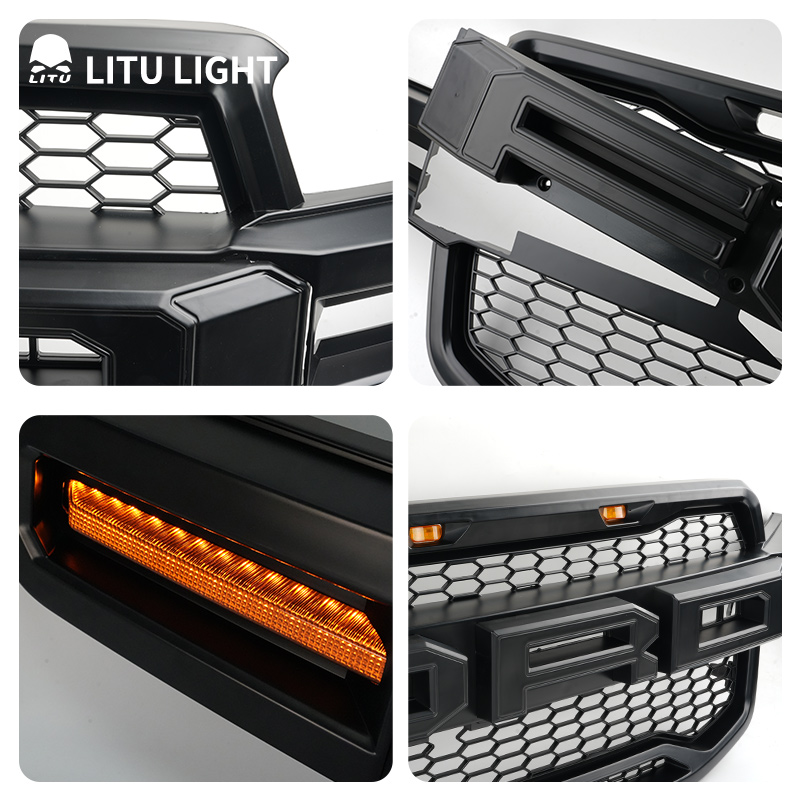 Raptor-Style Front Grille for Ford Ranger – Matte Black Mesh with 3 Amber LED Lights & FORD Letter Accessories - FORD Ranger Front Grille