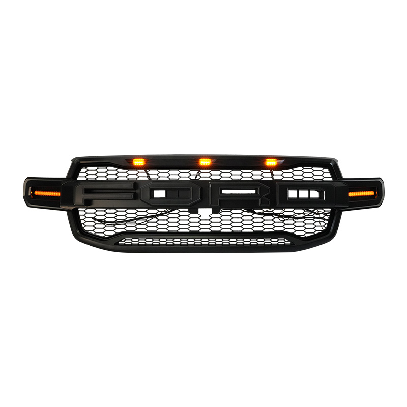 Raptor-Style Front Grille for Ford Ranger – Matte Black Mesh with 3 Amber LED Lights & FORD Letter Accessories - FORD Ranger Front Grille